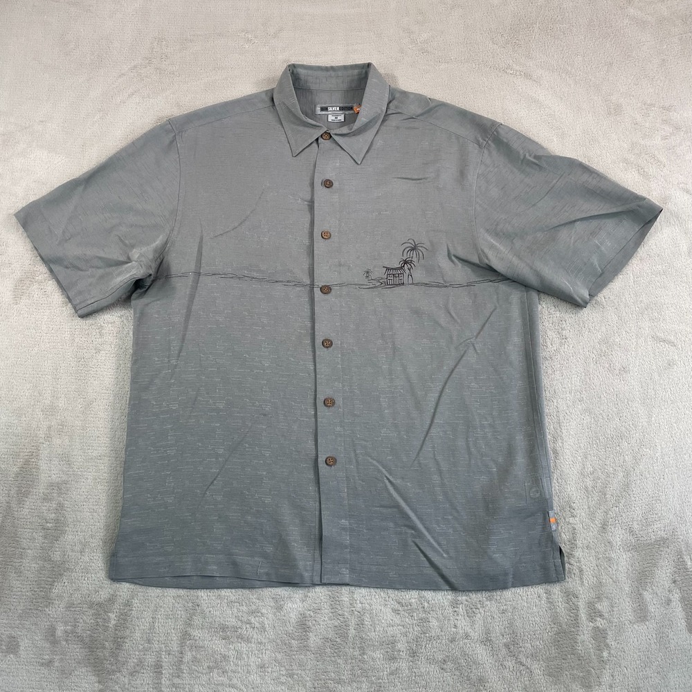 Vintage Quicksilver Edition Shirt Medium Grey Silk Embroidered Palm Trees Beach